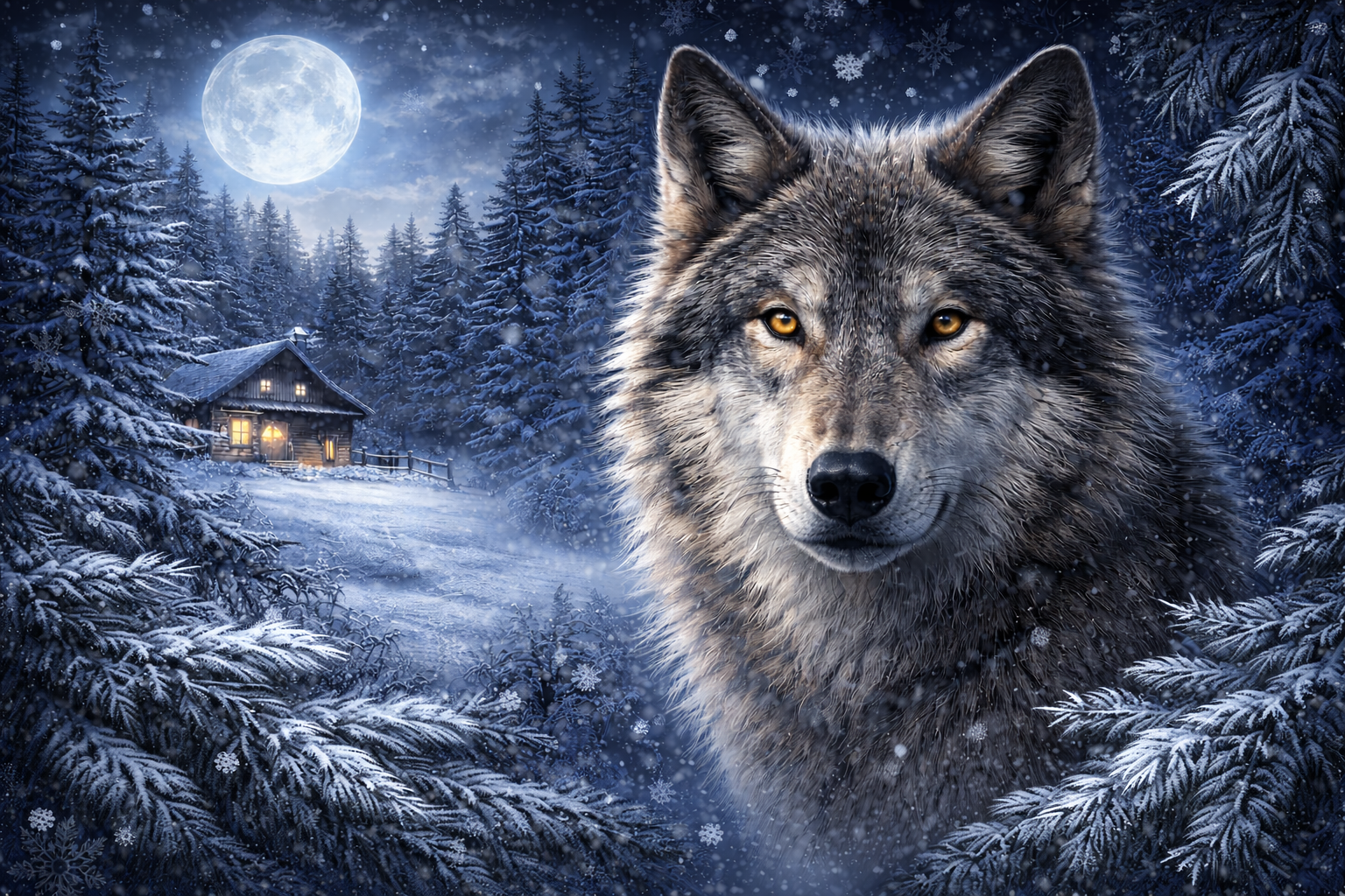 A realistic grey wolf fills the centre of the frame, surrounded by snow-covered pine branches. A full moon lights a winter forest behind it, with a small cabin glowing softly in the distance under falling snow.