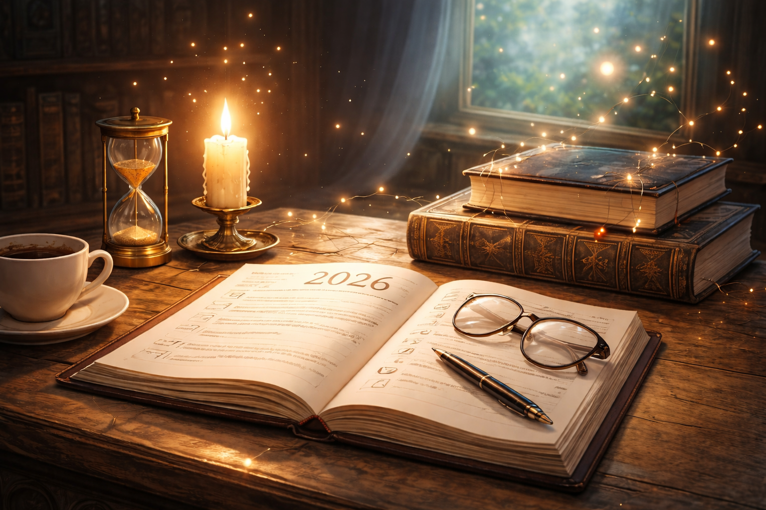 A warm, softly lit reading desk with an open planner marked 2026, stacked hardback books, and a pen and glasses resting on the pages, set beside a window with gentle evening light.