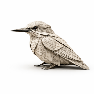 A single origami kingfisher folded from black and white printed book pages sits against a plain white background, showing crisp paper folds, visible text, and a simple, sculptural form.