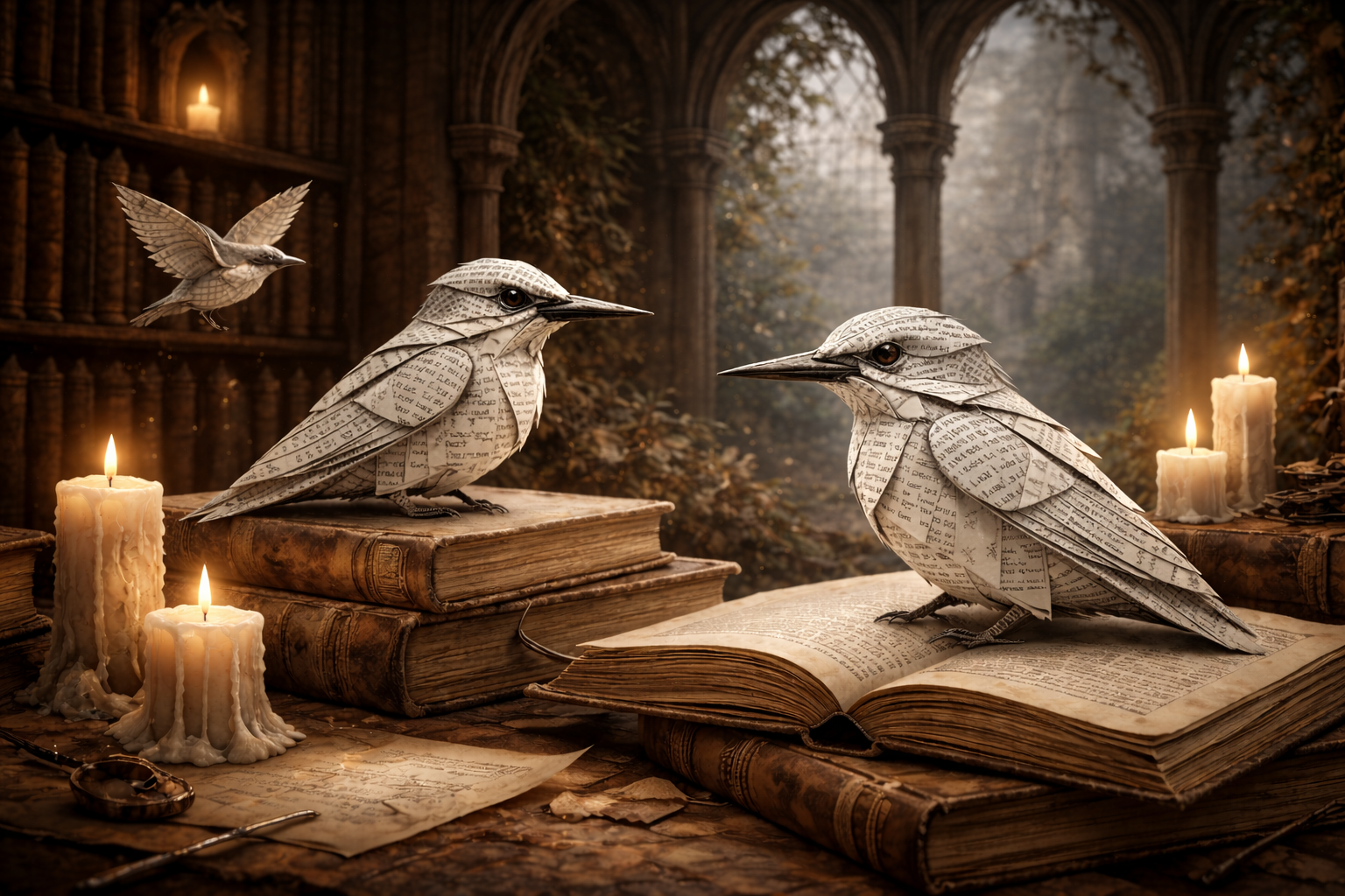 Alt text: Origami paper birds folded from printed book pages sit on stacked, open books in a candlelit old library, with soft shadows, arched shelving, and floating dust giving the scene a quiet, magical atmosphere.
