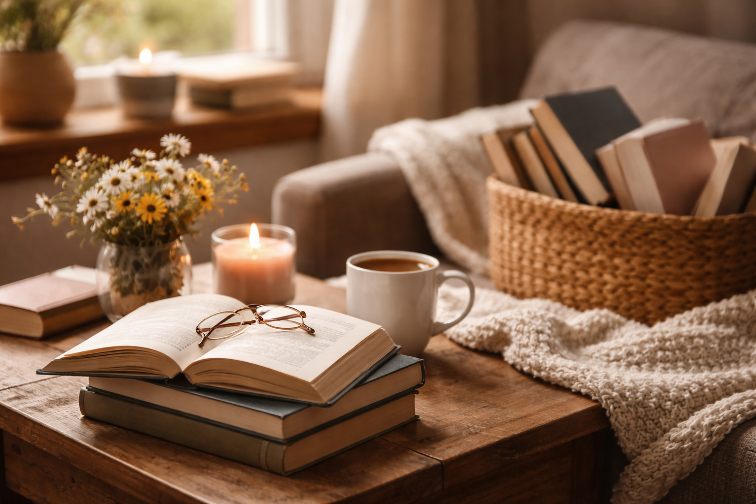 A cosy reading nook with an open book resting on a stack of novels, reading glasses placed across the pages, a mug of coffee, a lit candle, and a soft knitted blanket nearby, set in warm natural light.