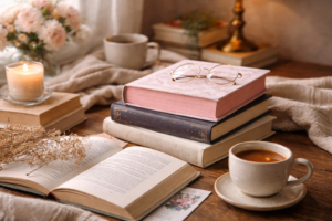 Wide, softly lit reading scene with a stack of hardback books on a wooden table, one with pink sprayed edges, an open book in the foreground, a cup of tea, a lit candle, glasses, and pale flowers creating a calm, cosy atmosphere.